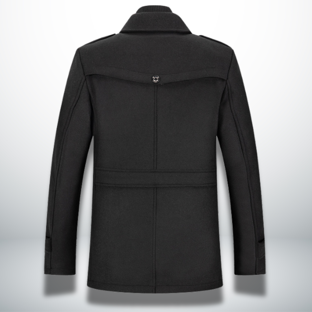 Lincoln black wool blend coat, back view
