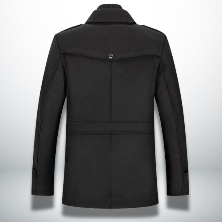 Lincoln black wool blend coat, back view