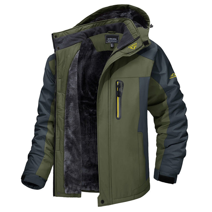 Marcus hooded fleece-lined winter jacket in green, open front view showing interior lining