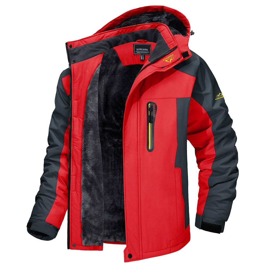 Marcus hooded fleece-lined winter jacket in red, open front view showing interior lining