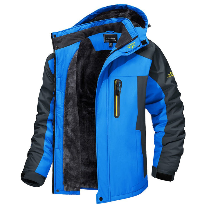 Marcus hooded fleece-lined winter jacket in blue, open front view showing interior lining