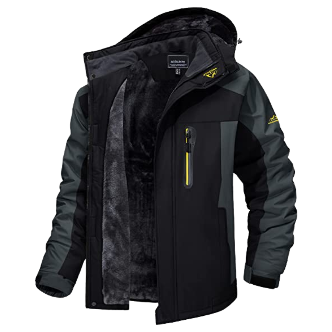 Marcus hooded fleece-lined winter jacket in black, open front view showing interior lining