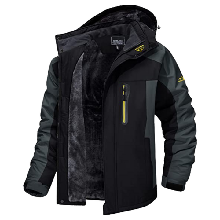 Marcus hooded fleece-lined winter jacket in black, open front view showing interior lining