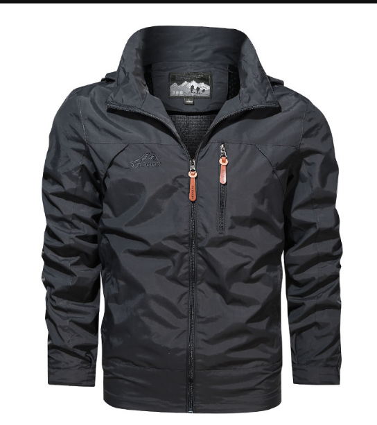 Marcus hooded full-zip rain jacket in charcoal, front view