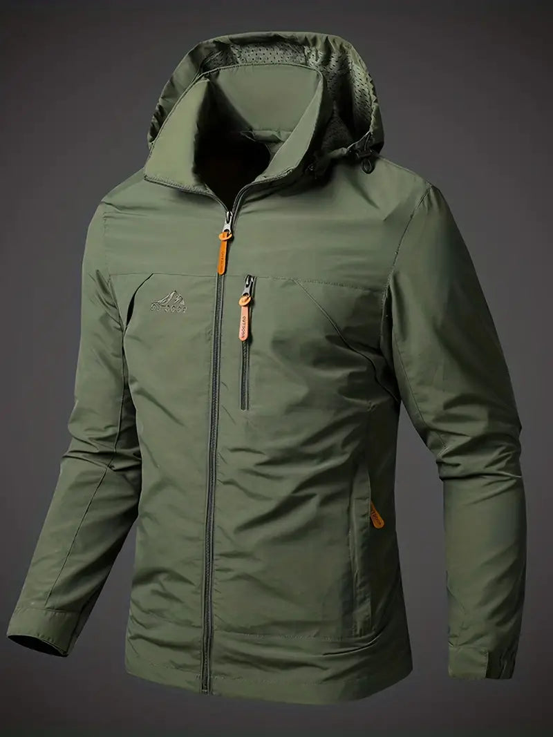 Marcus hooded rain jacket in green, front view with hood up