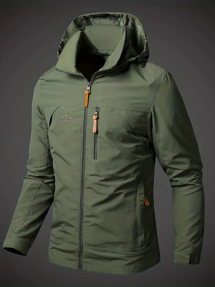 Marcus hooded rain jacket in green, front view with hood up