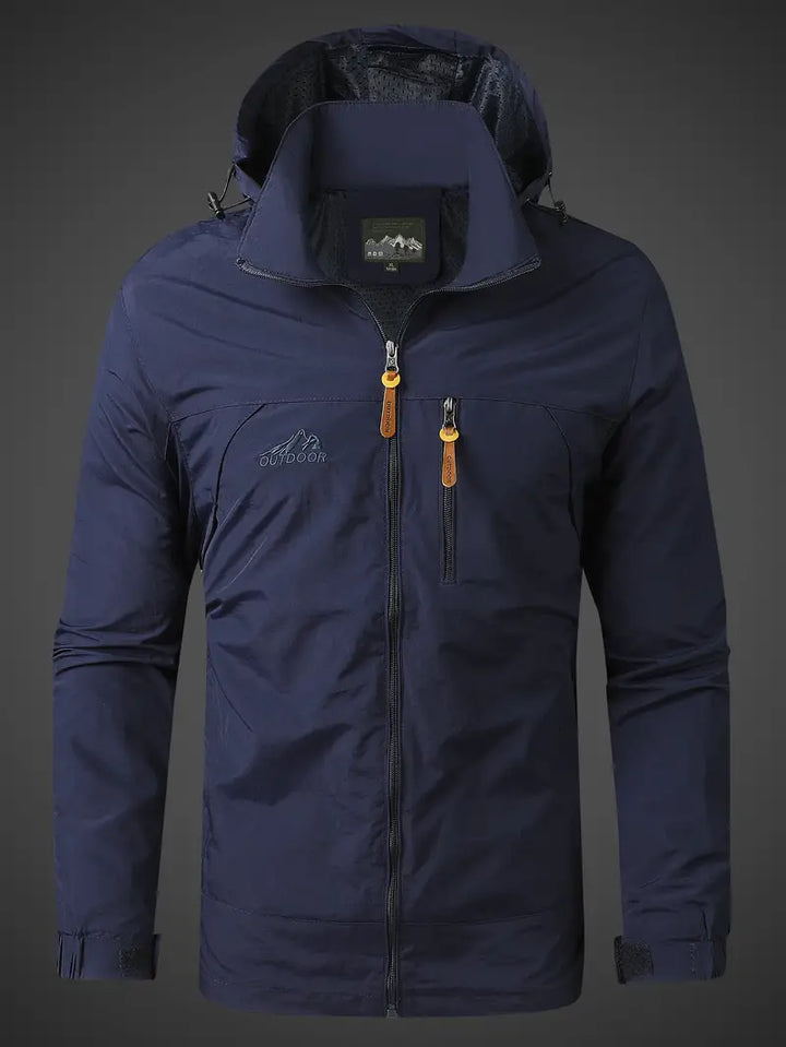 Marcus hooded rain jacket in navy, front view