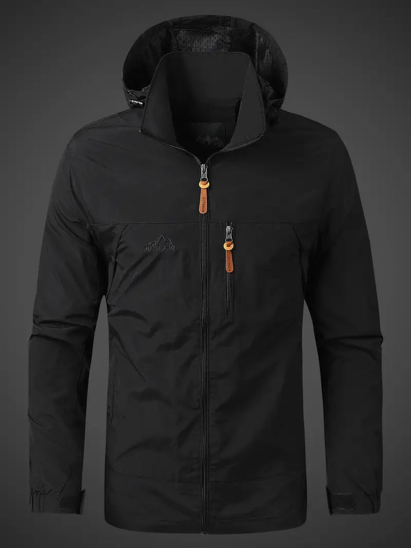Marcus hooded rain jacket in black, front view