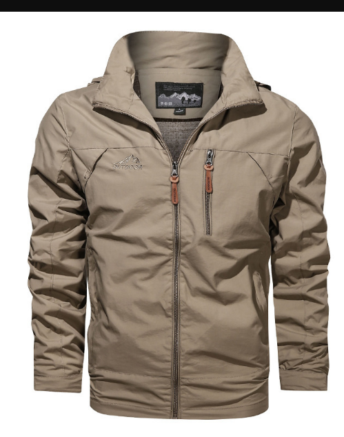 Marcus hooded rain jacket in khaki, front view