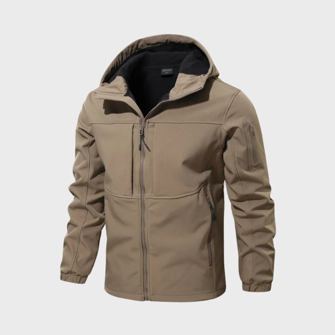 Marcus hooded full-zip softshell jacket in khaki, front view
