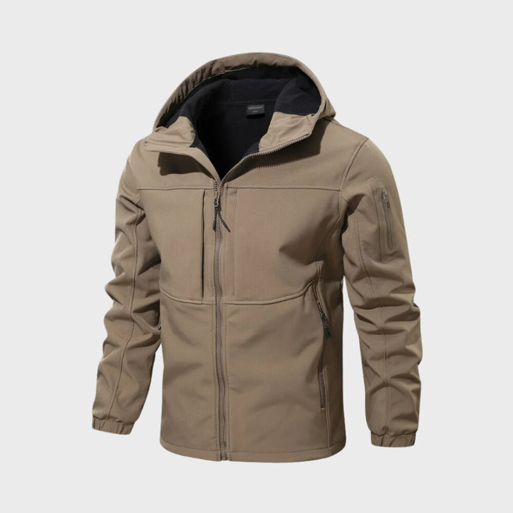 Marcus hooded full-zip softshell jacket in khaki, front view
