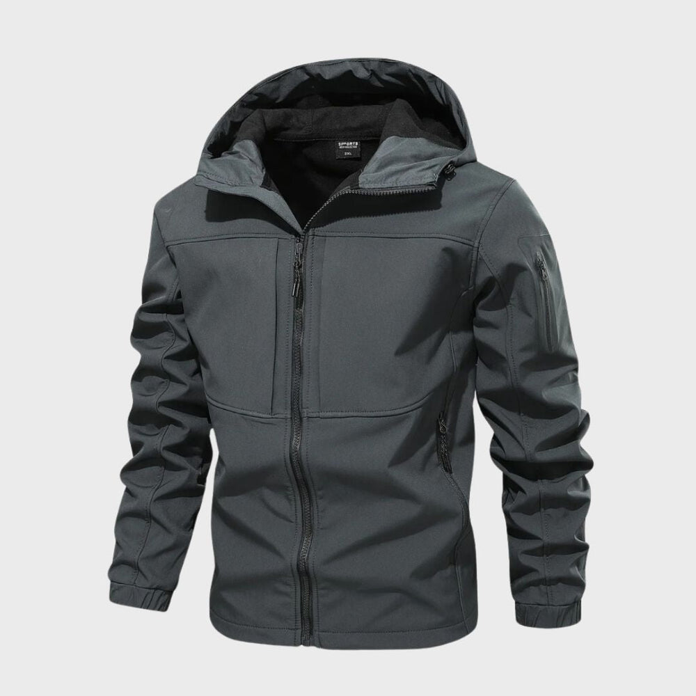 Marcus hooded full-zip softshell jacket in gray, front view