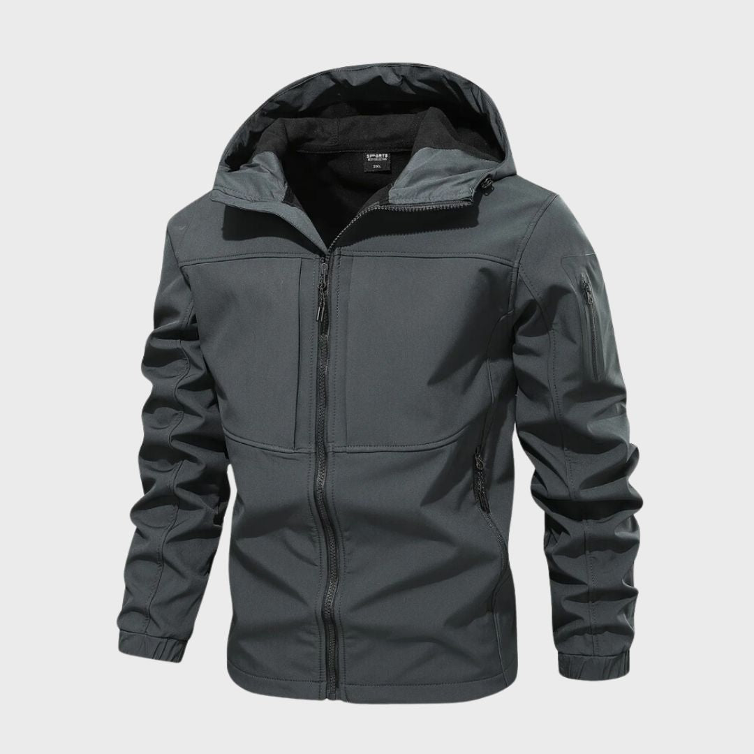 Marcus hooded full-zip softshell jacket in gray, front view