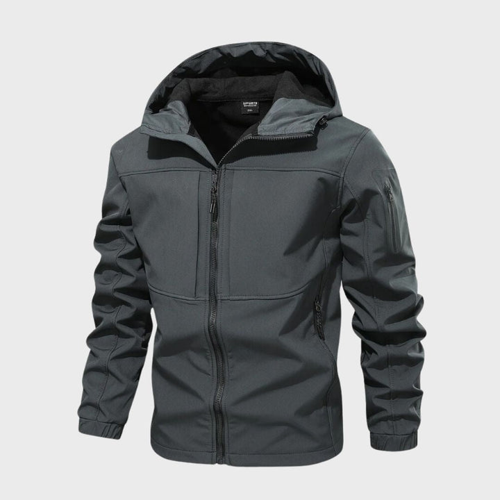 Marcus hooded full-zip softshell jacket in gray, front view