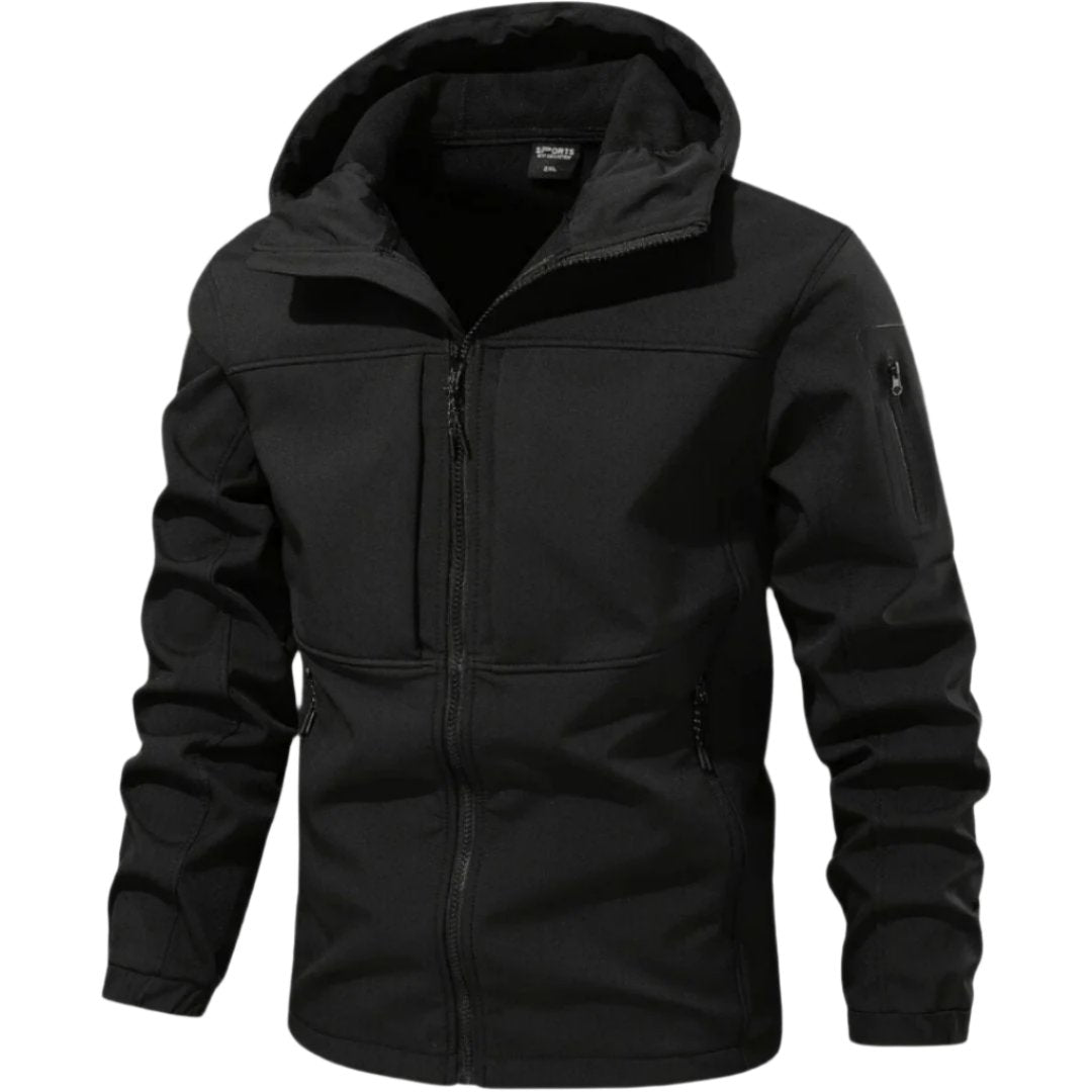 Marcus hooded full-zip softshell jacket in black, front view