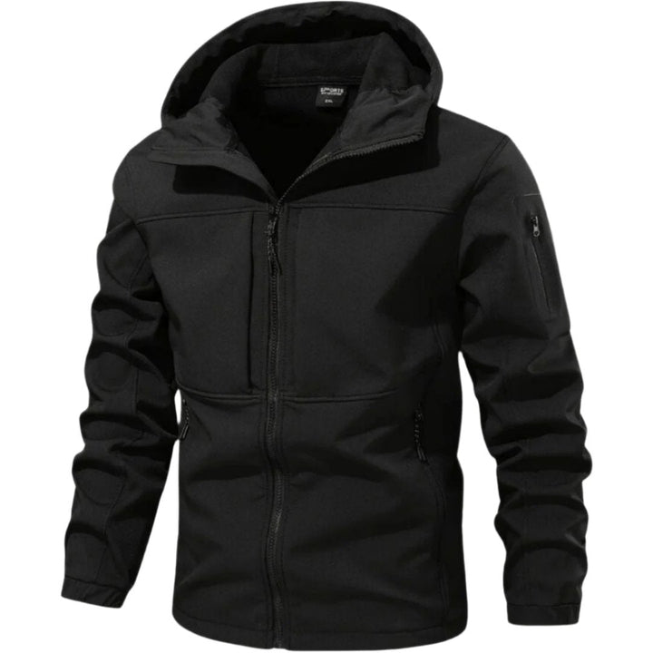 Marcus hooded full-zip softshell jacket in black, front view