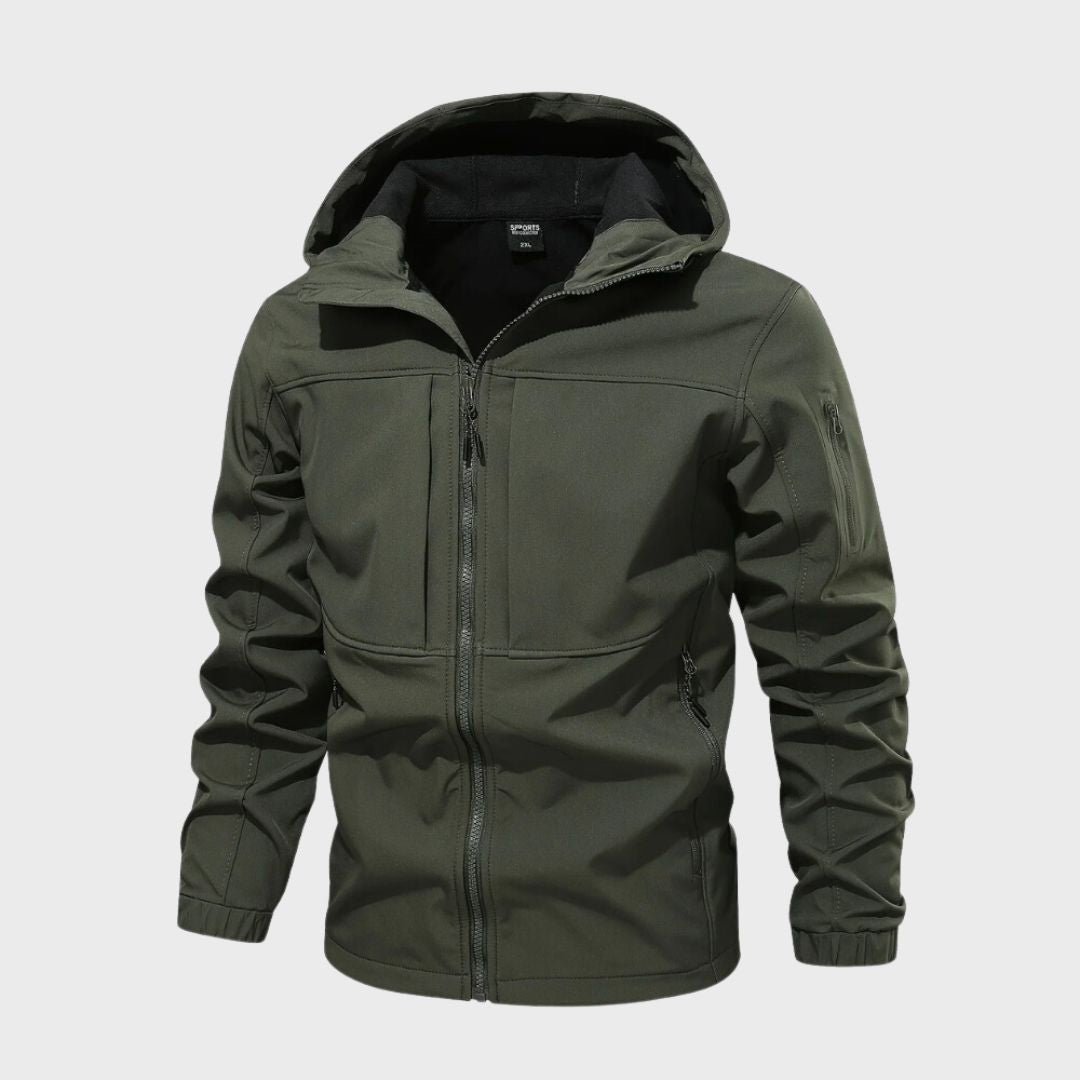 Marcus hooded full-zip softshell jacket in olive green, front view