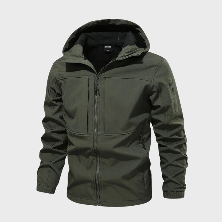 Marcus hooded full-zip softshell jacket in olive green, front view