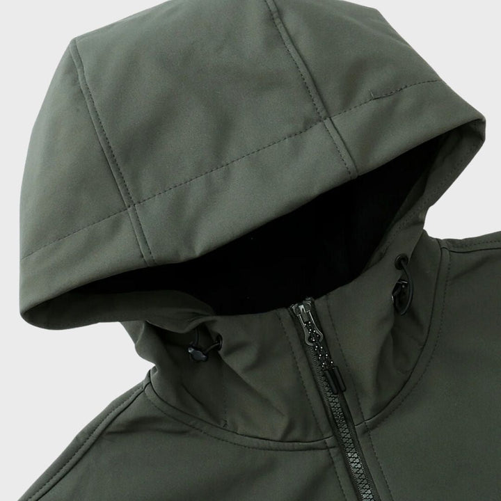 Close-up of Marcus jacket hood and zip closure in olive green