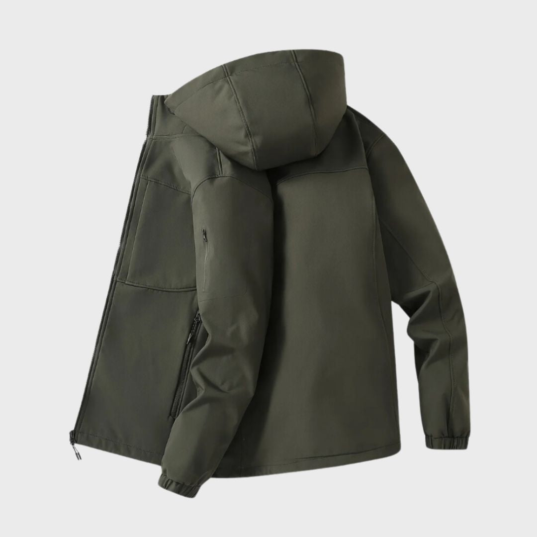 Marcus hooded softshell jacket in olive green, side view with hood up