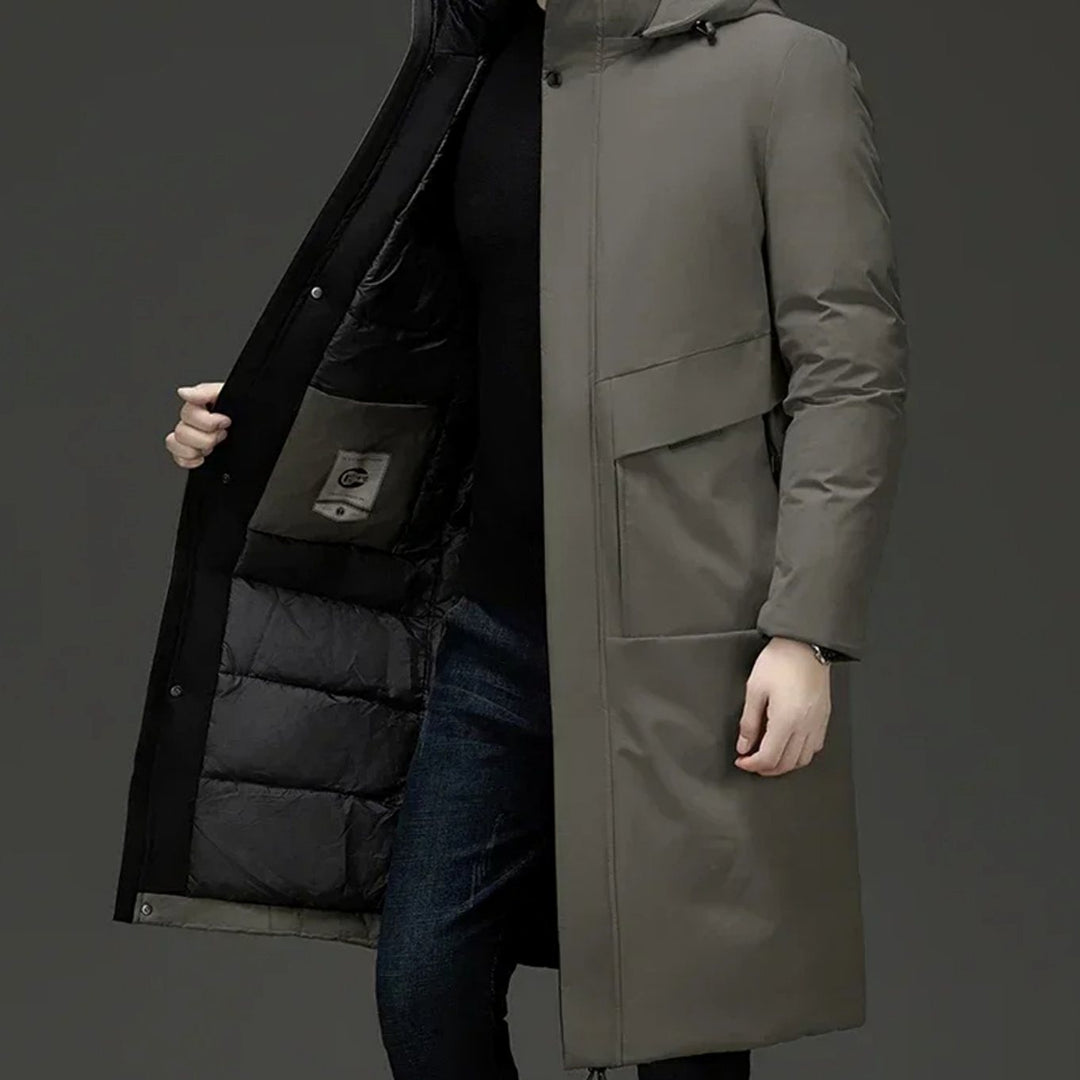 Marcus hooded long puffer winter coat in olive, open front view showing quilted lining