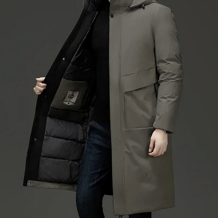 Marcus hooded long puffer winter coat in olive, open front view showing quilted lining
