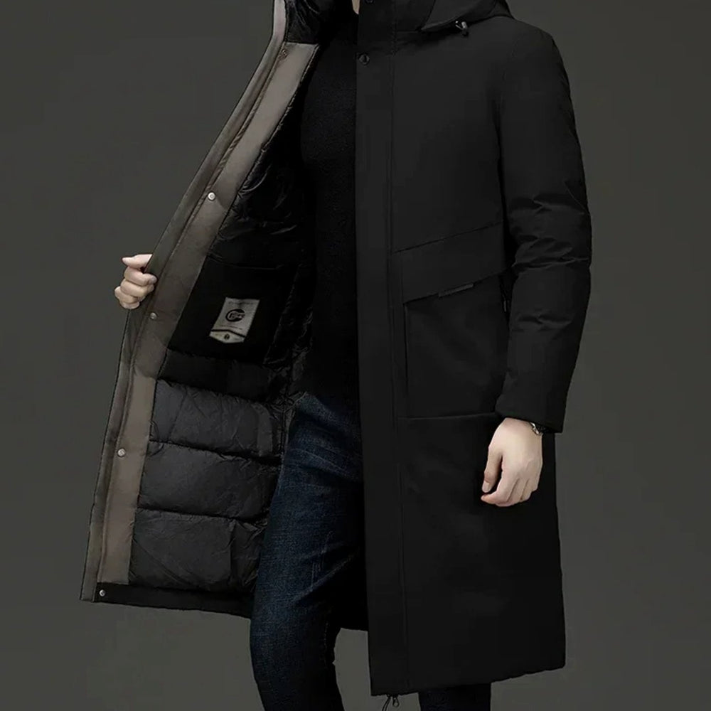 Marcus hooded long puffer winter coat in black, side view with open zip front