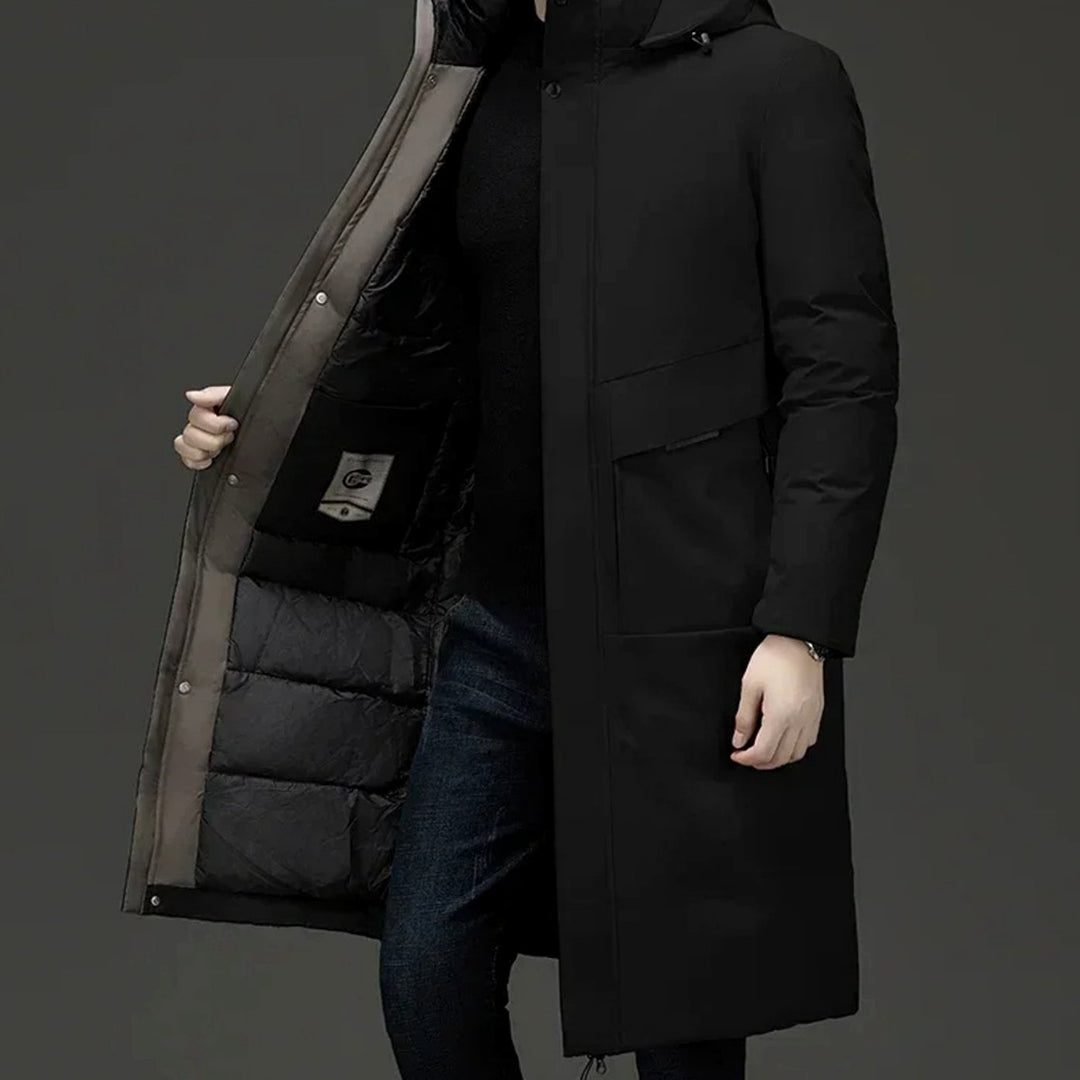 Marcus hooded long puffer winter coat in black, side view with open zip front