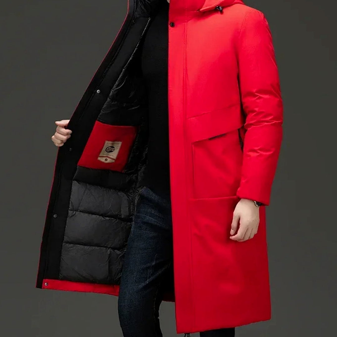 Marcus hooded long puffer winter coat in red, open front view showing interior pocket