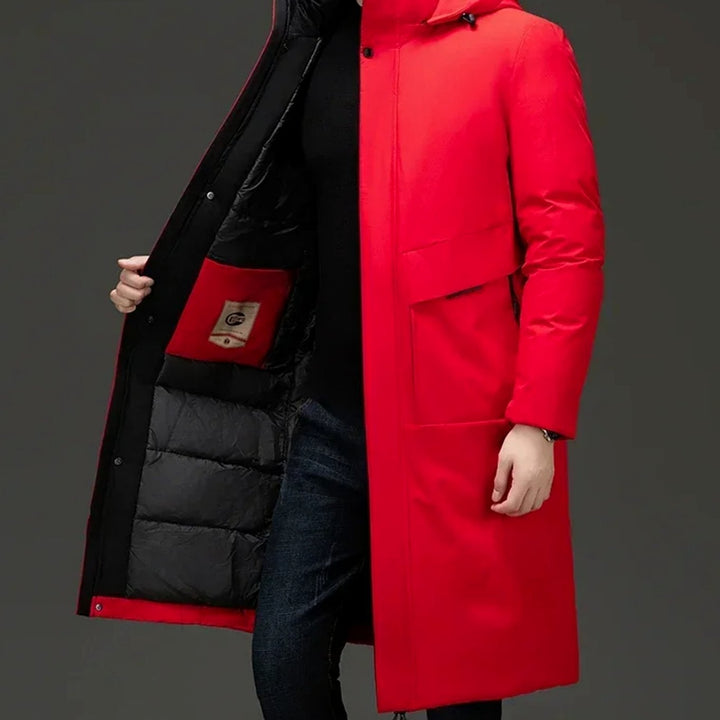 Marcus hooded long puffer winter coat in red, open front view showing interior pocket