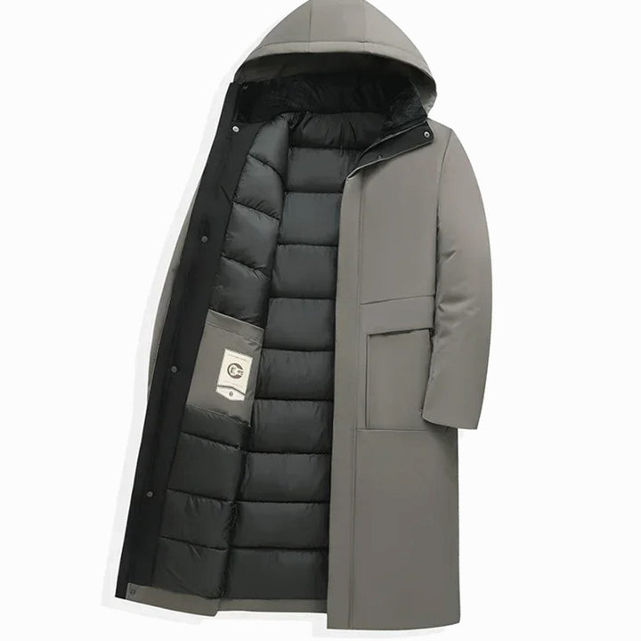 Marcus hooded long puffer winter coat in grey, flat lay open view showing hood and lining