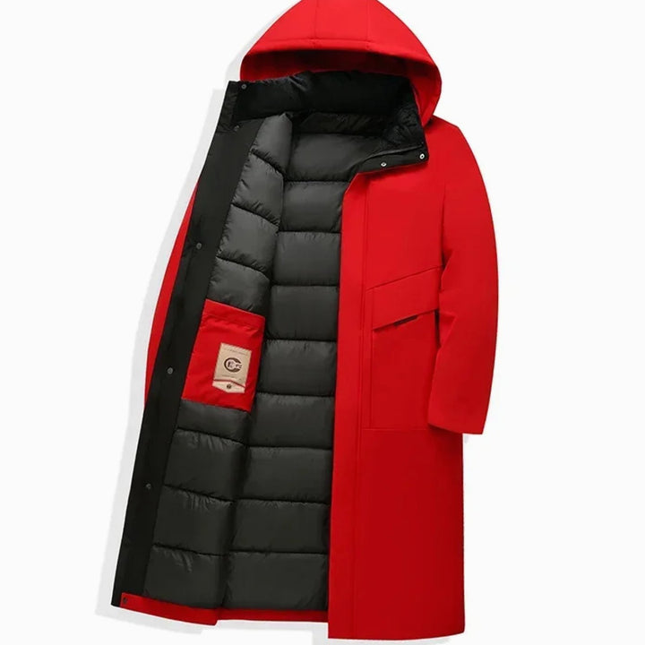 Marcus hooded long puffer winter coat in red, flat lay open view showing quilted lining