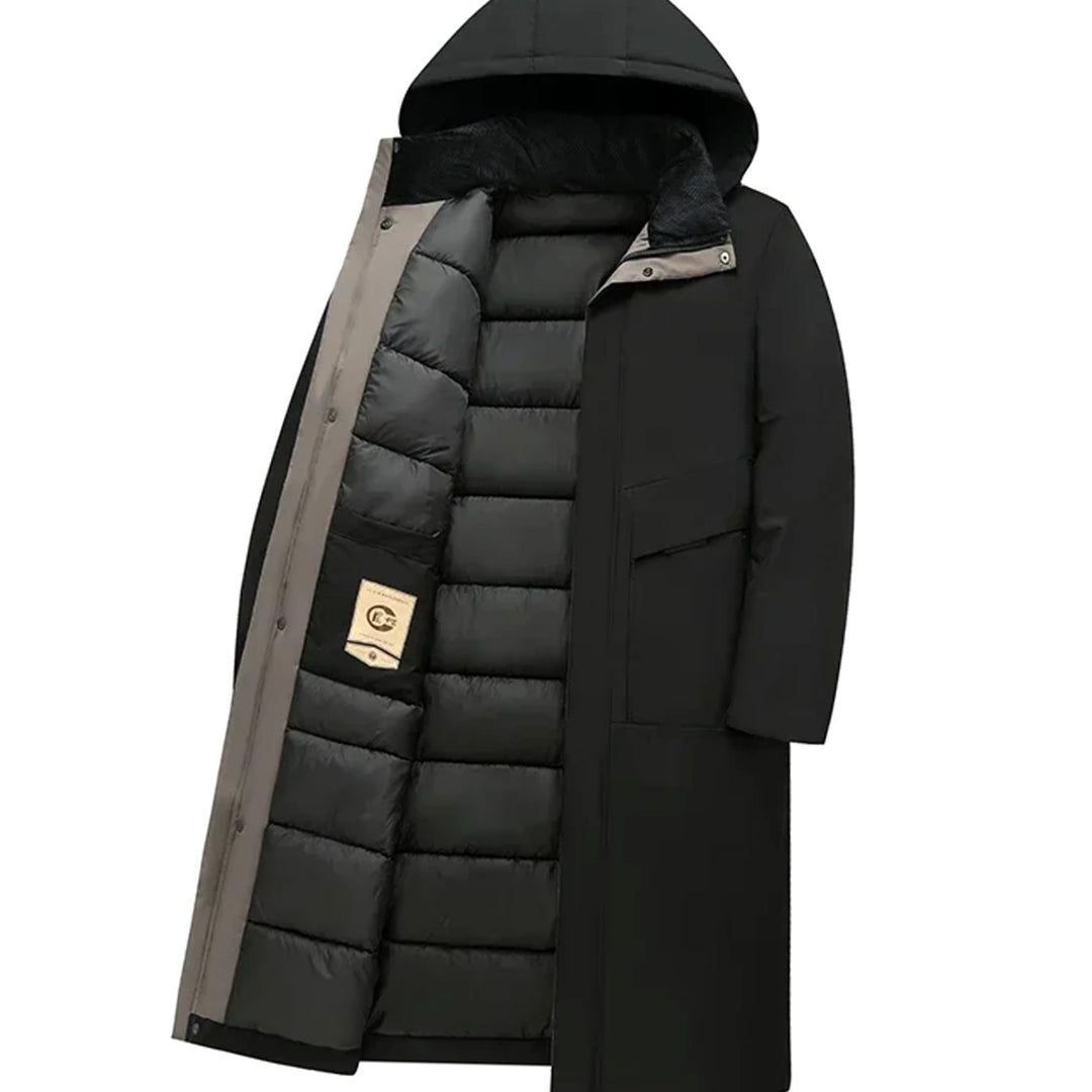 Marcus hooded long puffer winter coat in black, flat lay open view showing hood and lining