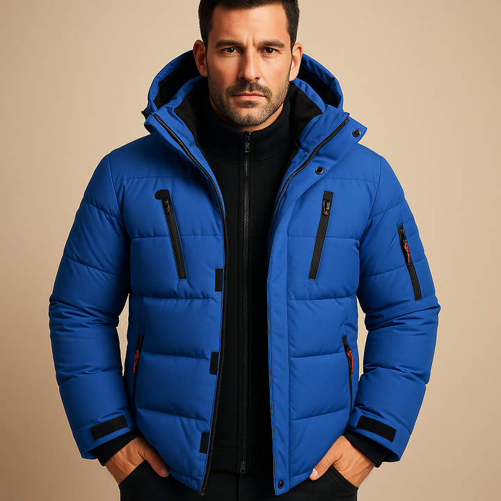 Marcus hooded zip-up puffer jacket in blue, front view