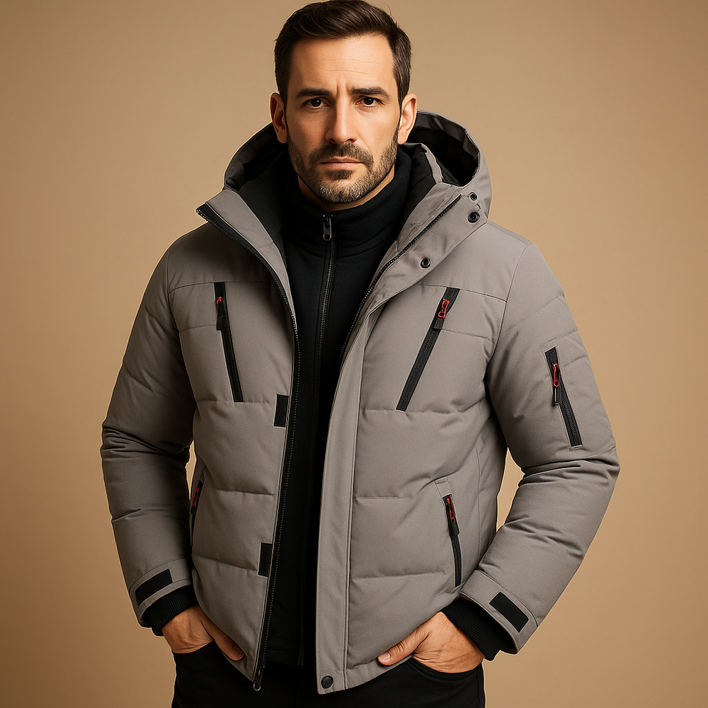 Marcus hooded zip-up puffer jacket in gray, front view