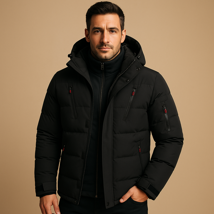 Marcus hooded zip-up puffer jacket in black, front view
