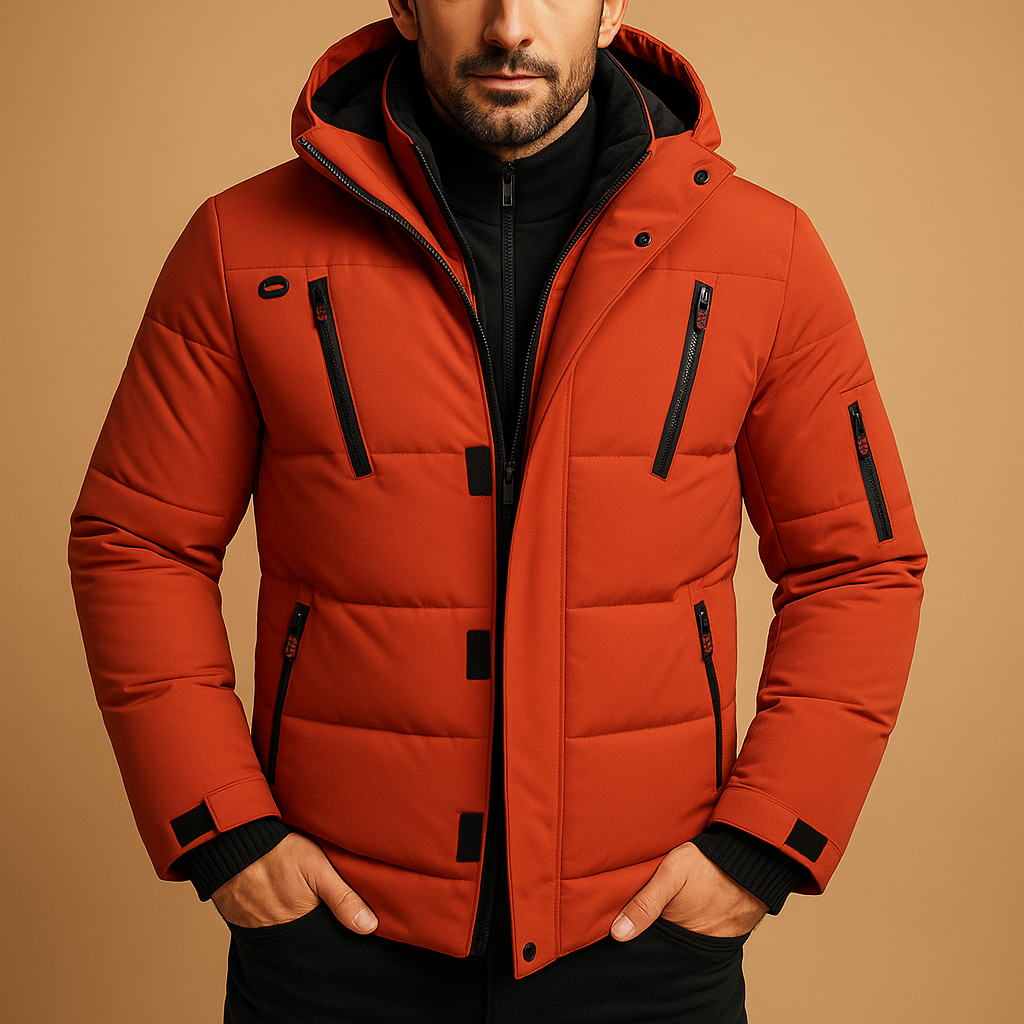 Marcus hooded zip-up puffer jacket in orange, close-up front view