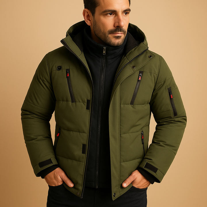 Marcus hooded zip-up puffer jacket in green, front view