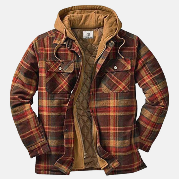 Marcus plaid hooded flannel jacket with quilted lining, front view open