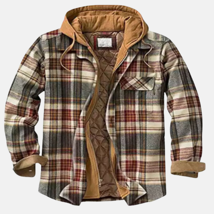 Marcus cream plaid hooded flannel jacket, front view open
