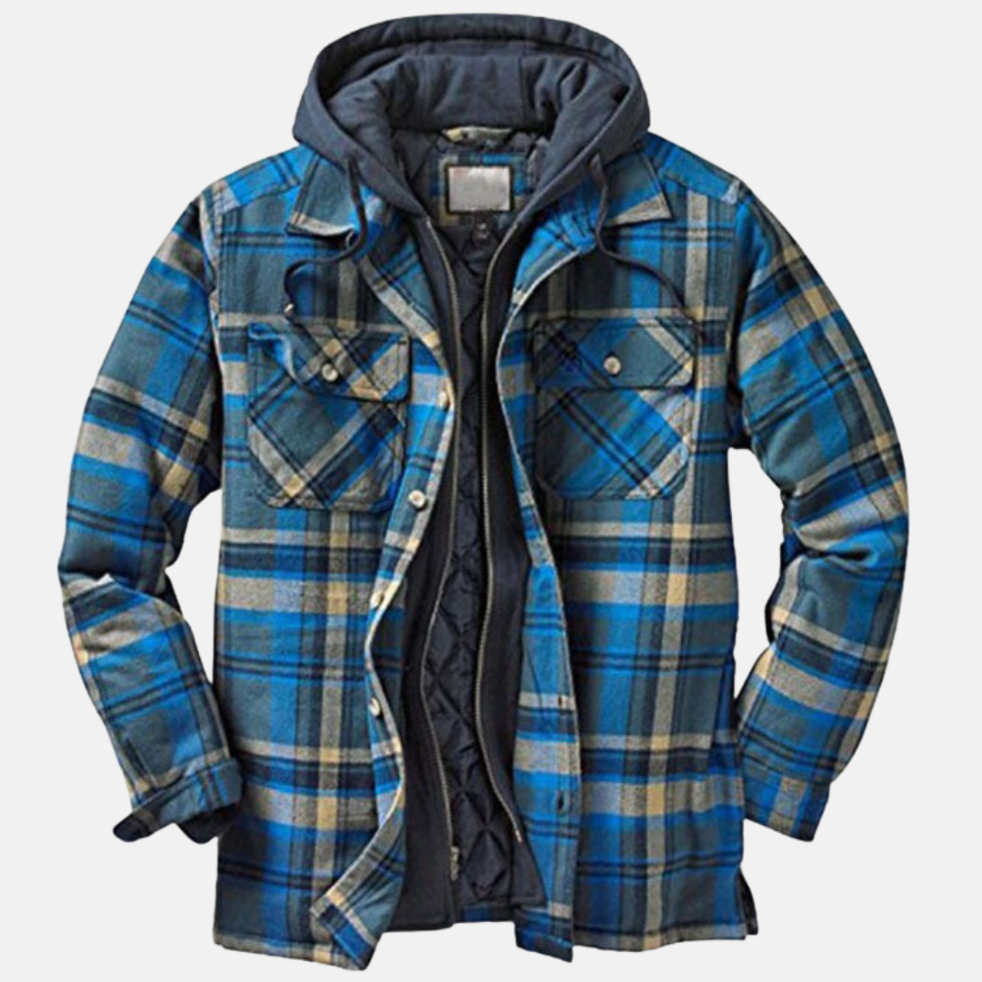 Marcus blue plaid hooded flannel jacket, front view open