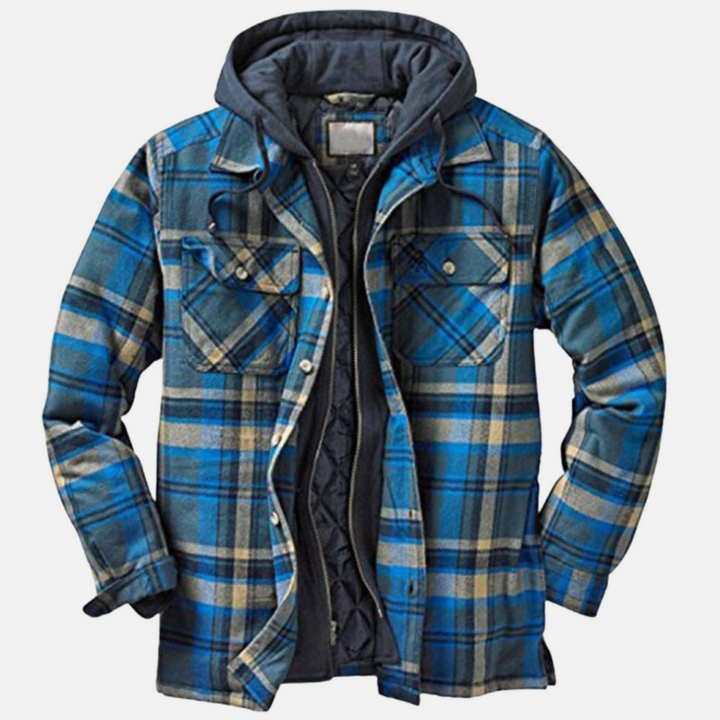 Marcus blue plaid hooded flannel jacket, front view open
