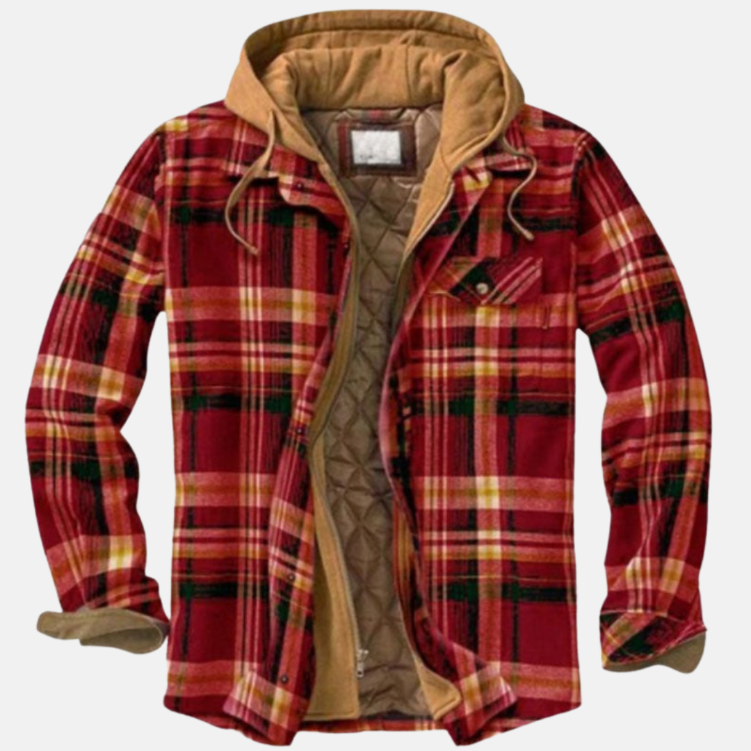 Marcus red plaid hooded flannel jacket, front view open