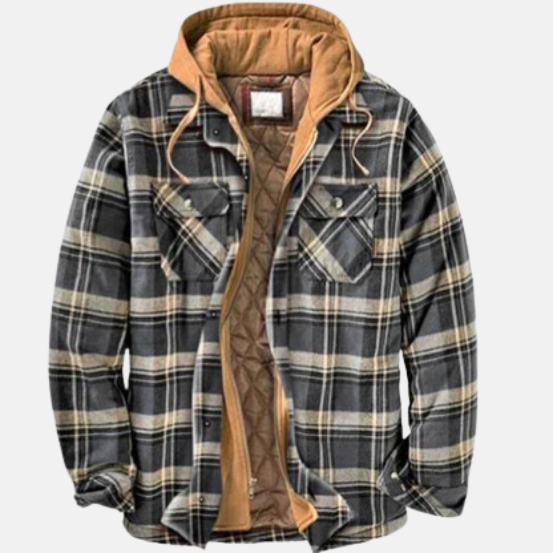 Marcus gray plaid hooded flannel jacket, front view open