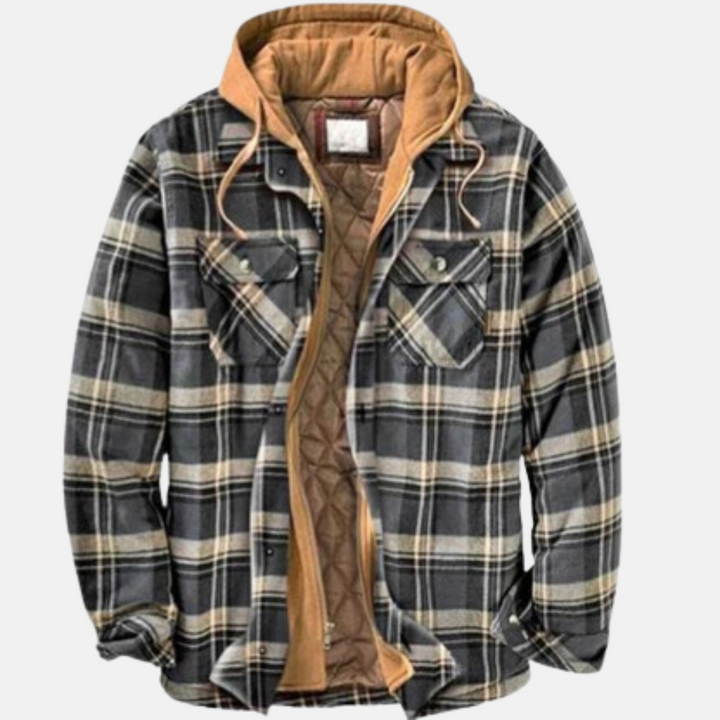 Marcus gray plaid hooded flannel jacket, front view open