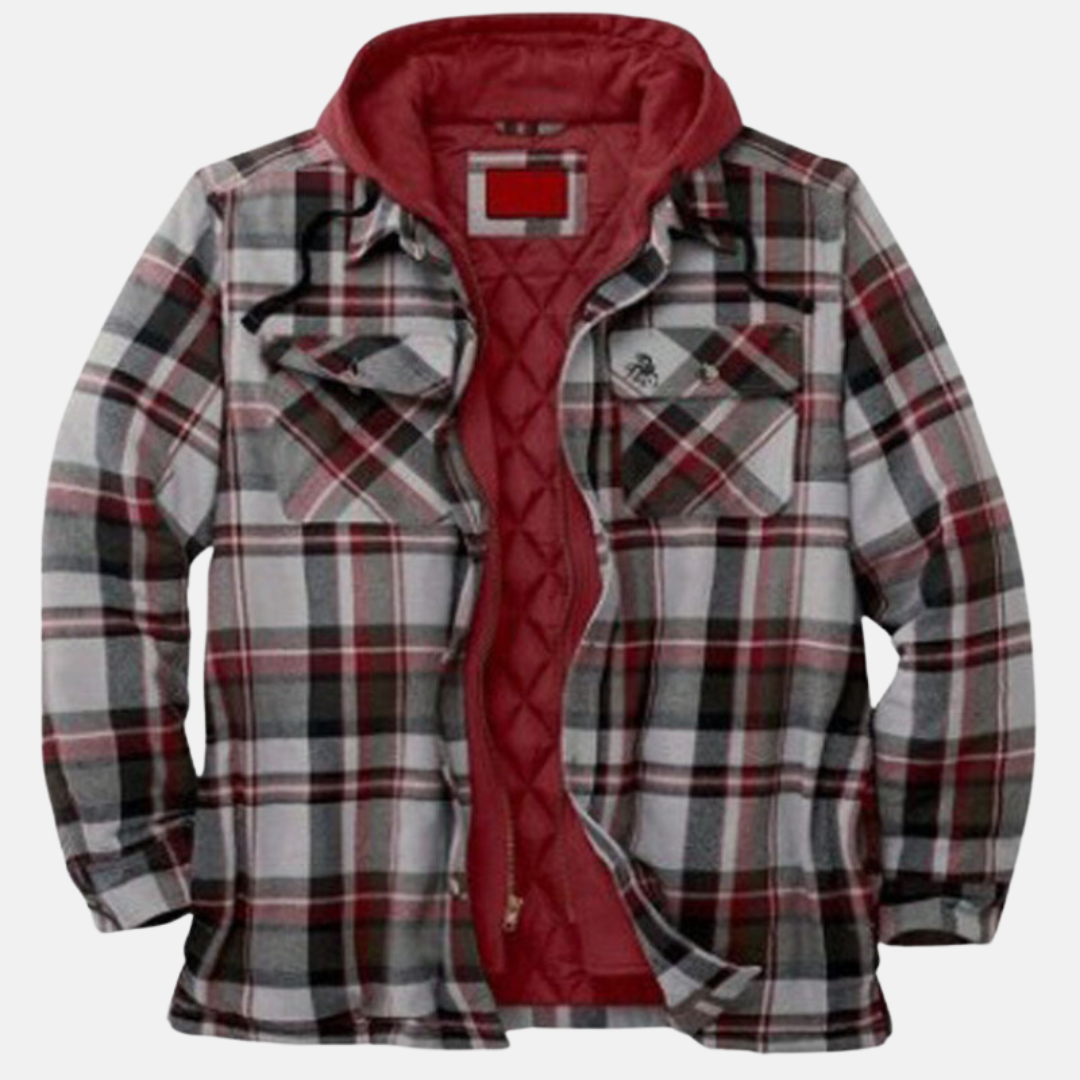 Marcus gray and red plaid hooded flannel jacket, front view open
