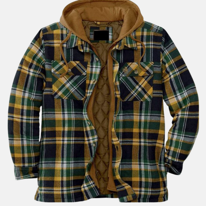 Marcus green and yellow plaid hooded flannel jacket, front view open