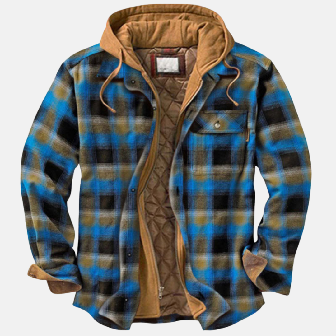 Marcus blue plaid hooded flannel jacket, front view open