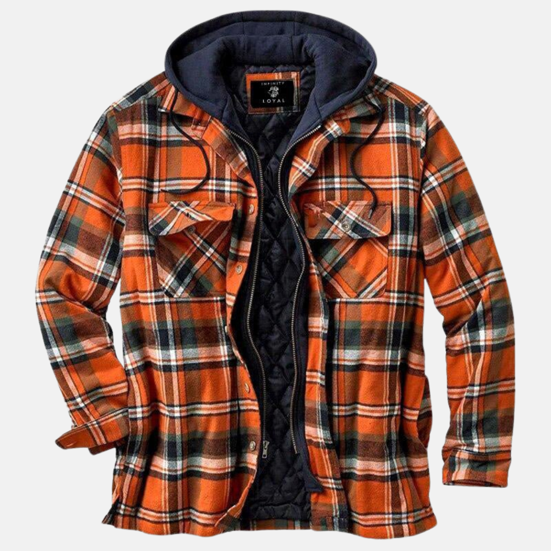 Marcus orange plaid hooded flannel jacket, front view open