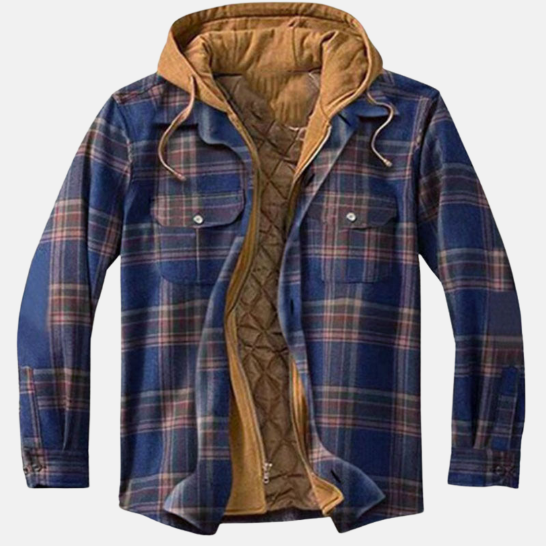 Marcus blue plaid hooded flannel jacket, front view open